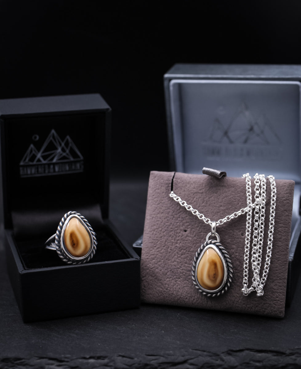 Elk Ivory • Necklace AND Ring Set • Rope Border – Hammered In The