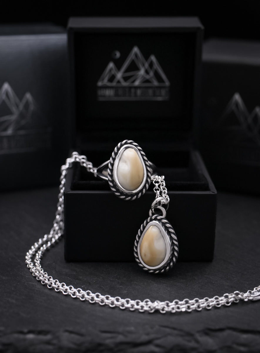Elk Ivory • Necklace AND Ring Set • Rope Border – Hammered In The