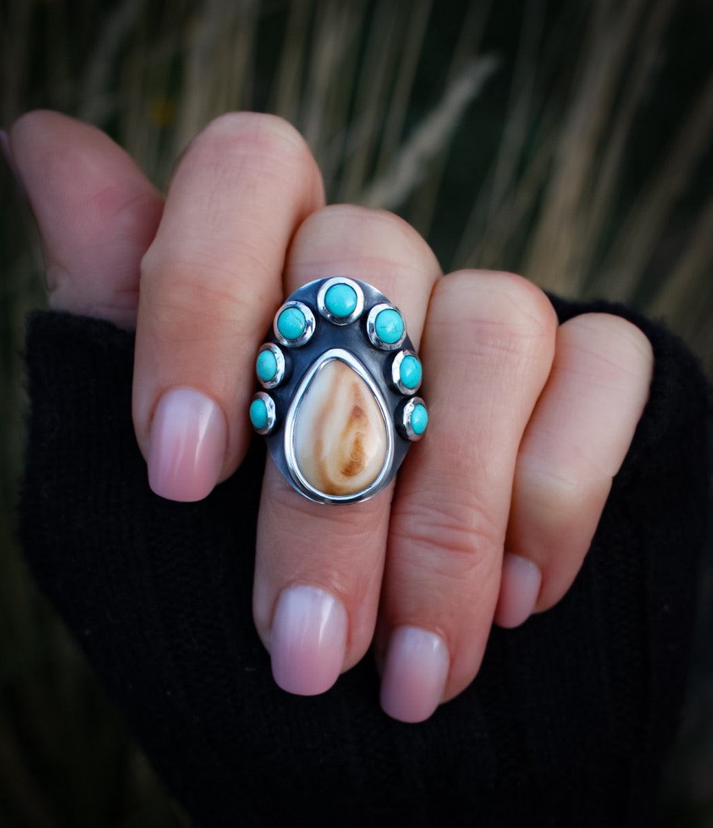 Elk Ivory and Turquoise Saddle Ring