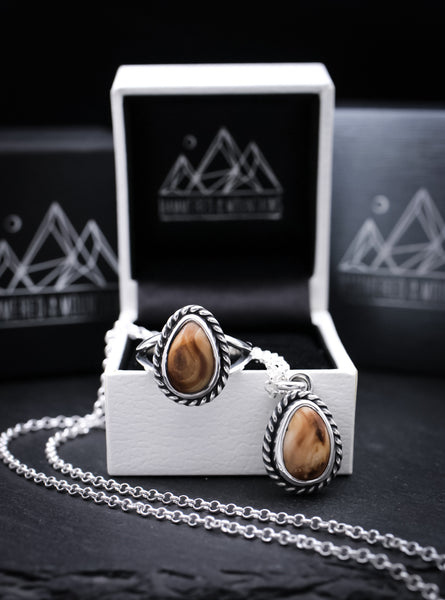 Elk Ivory • Necklace AND Ring Set • Rope Border – Hammered In The