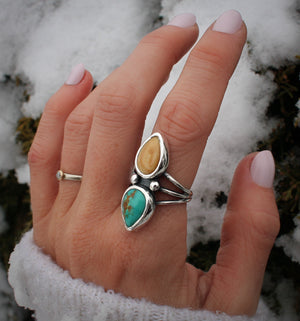 Elk Ivory and Turquoise Ring • Triple Shank Band