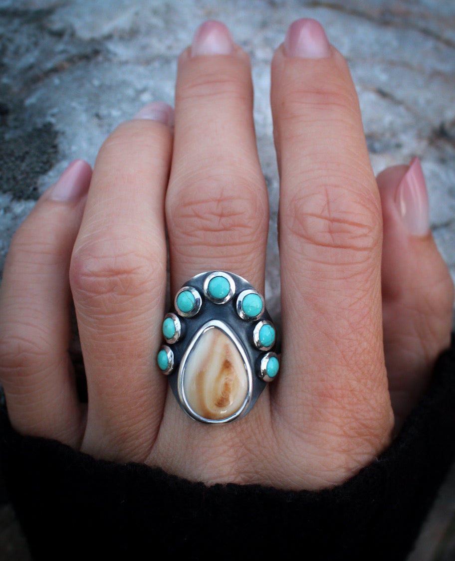 Elk Ivory and Turquoise Saddle Ring