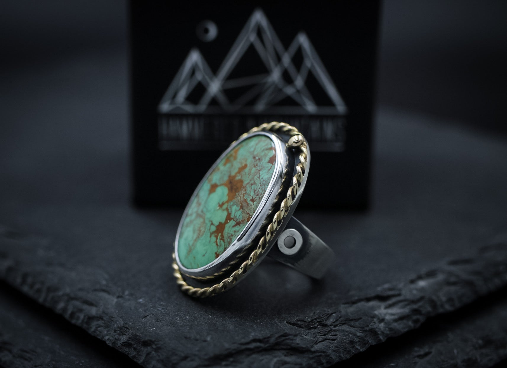 Nevada "Emerald Valley” Turquoise • Sterling Silver + 14K Gold • SIZE 8 • Statement Ring