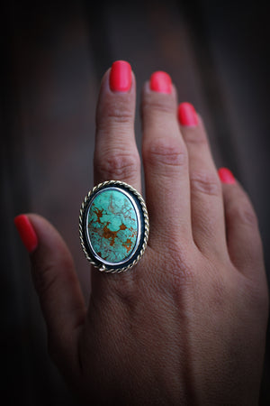 Nevada "Emerald Valley” Turquoise • Sterling Silver + 14K Gold • SIZE 8 • Statement Ring