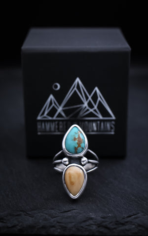 Elk Ivory and Turquoise Ring • Triple Shank Band