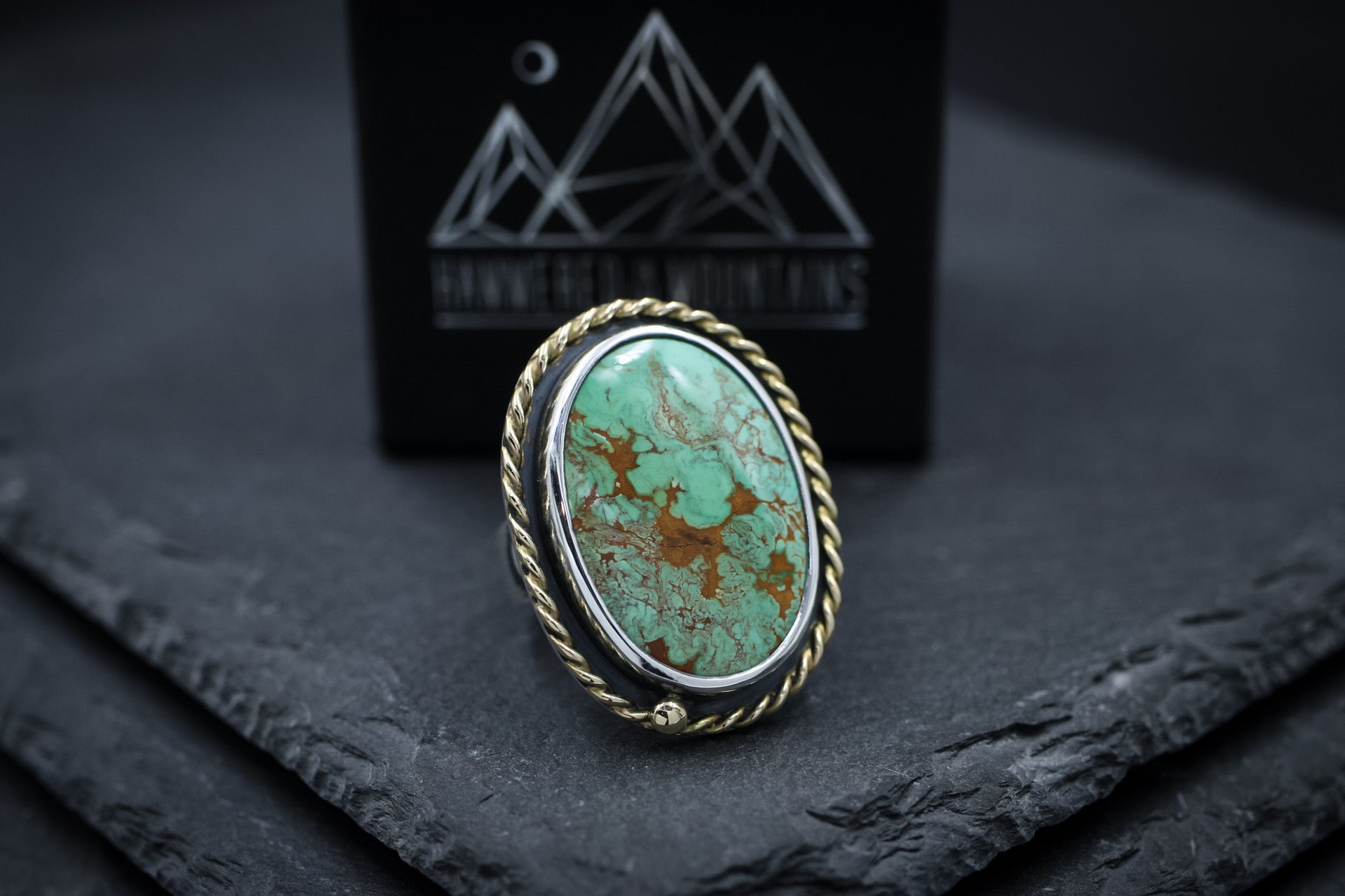 Nevada "Emerald Valley” Turquoise • Sterling Silver + 14K Gold • SIZE 8 • Statement Ring