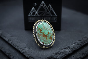 Nevada "Emerald Valley” Turquoise • Sterling Silver + 14K Gold • SIZE 8 • Statement Ring