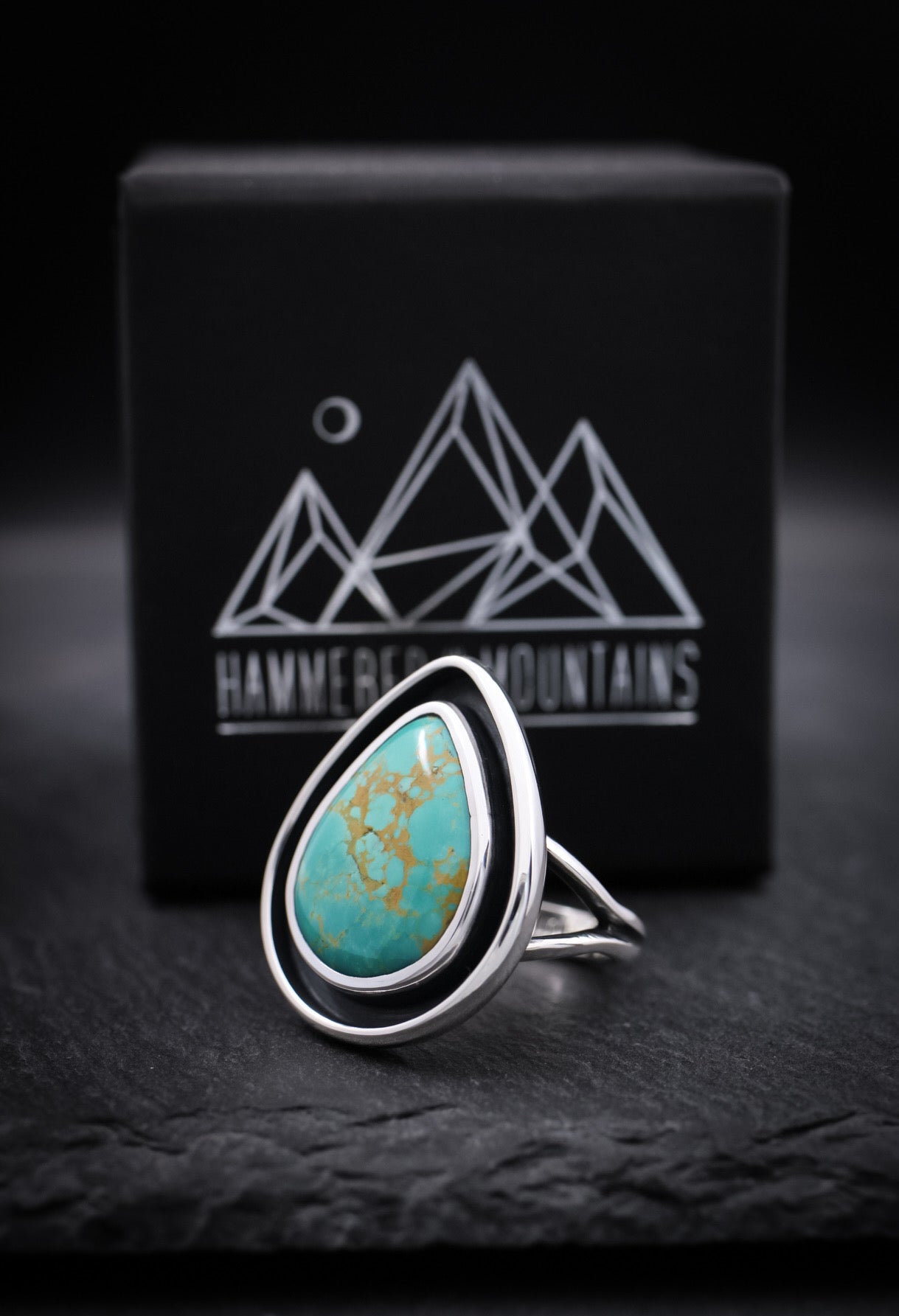 Shadowbox Ring • Split Shank Band • Tyrone Turquoise • Size 8 • Sterling Silver