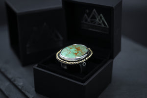 Nevada "Emerald Valley” Turquoise • Sterling Silver + 14K Gold • SIZE 8 • Statement Ring