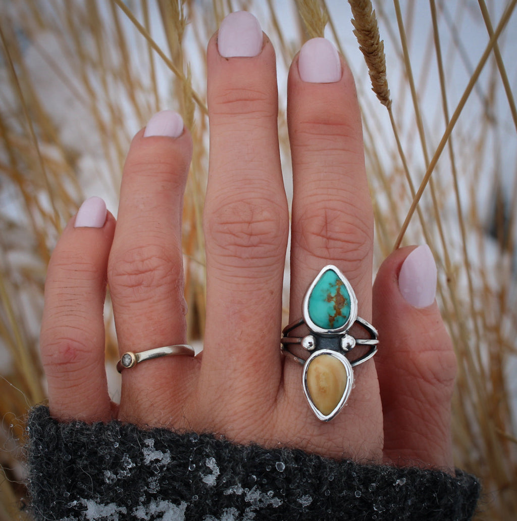 Elk Ivory and Turquoise Ring • Triple Shank Band