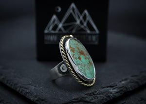 Nevada "Emerald Valley” Turquoise • Sterling Silver + 14K Gold • SIZE 8 • Statement Ring